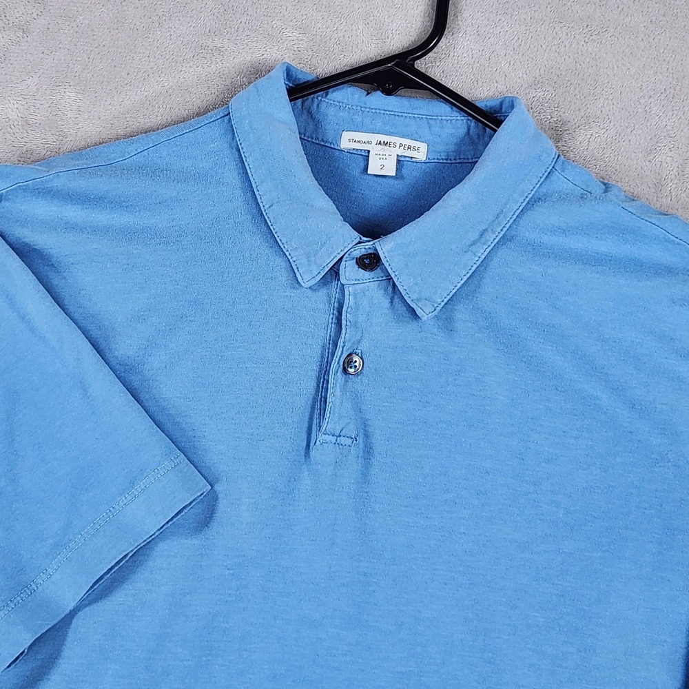James Perse Polo Shirt Mens Medium Blue Solid Supima Cotton Made USA Casual